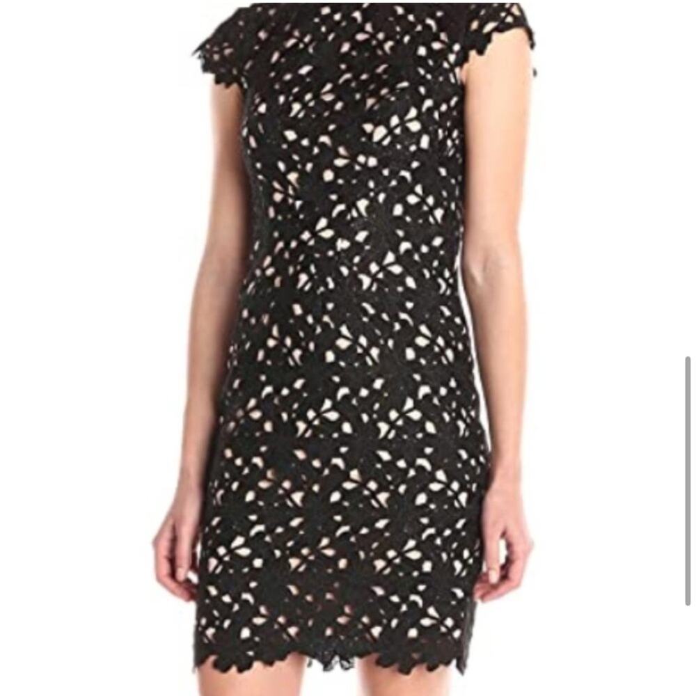 Nicole miller slim solid Venice black lace over nude dress
